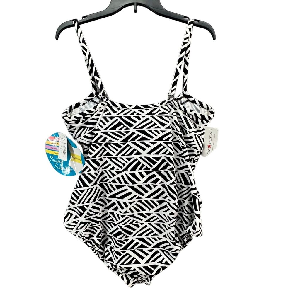 Swim Solutions Swimsuit Womens 20 Black White Ruched Underwire Tummy‎ Control - Picture 3 of 15